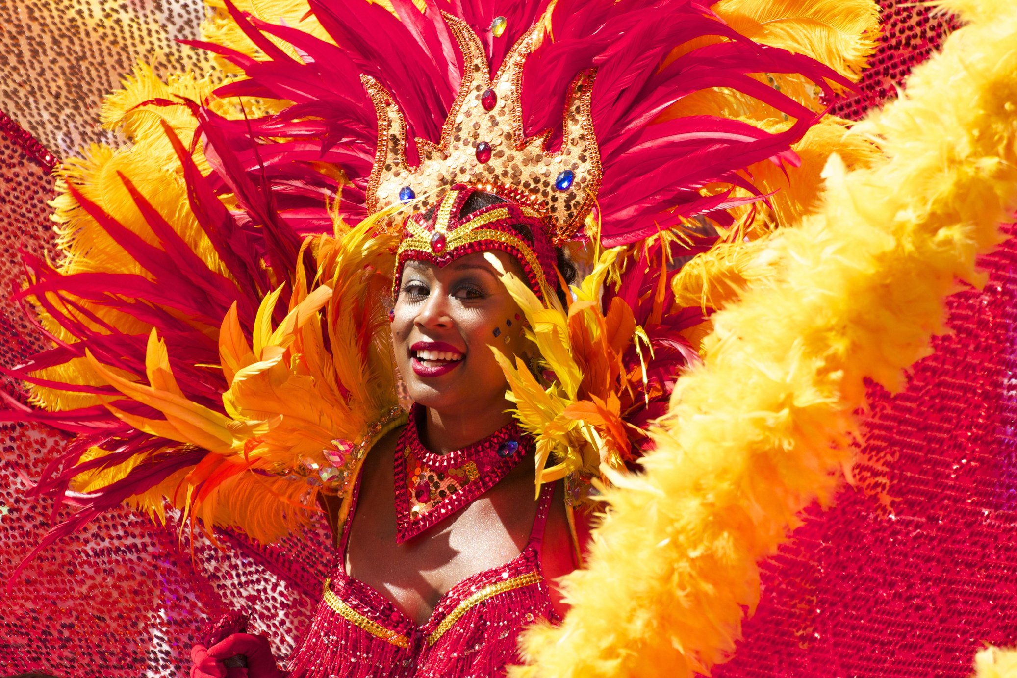 Woman Dressed in Colorful Feathers at a Carnival